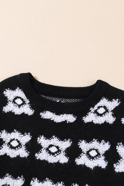 White Printed Retro Flower Pattern Knit Fuzzy Sweater OniTakai