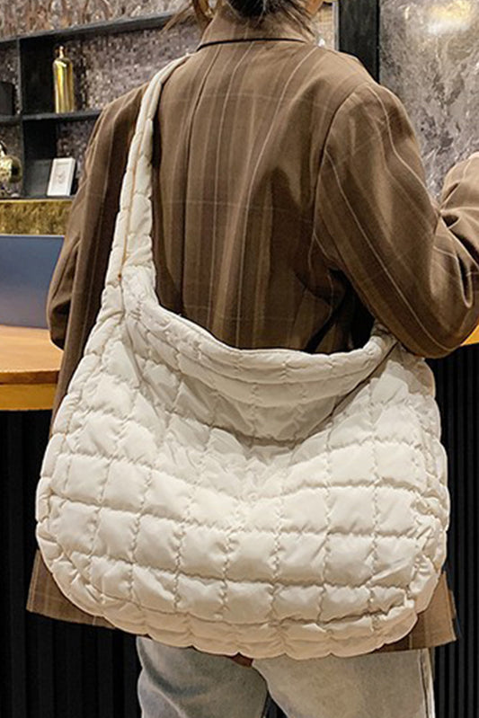 White Quilted Zipper Large Shoulder Bag OniTakai