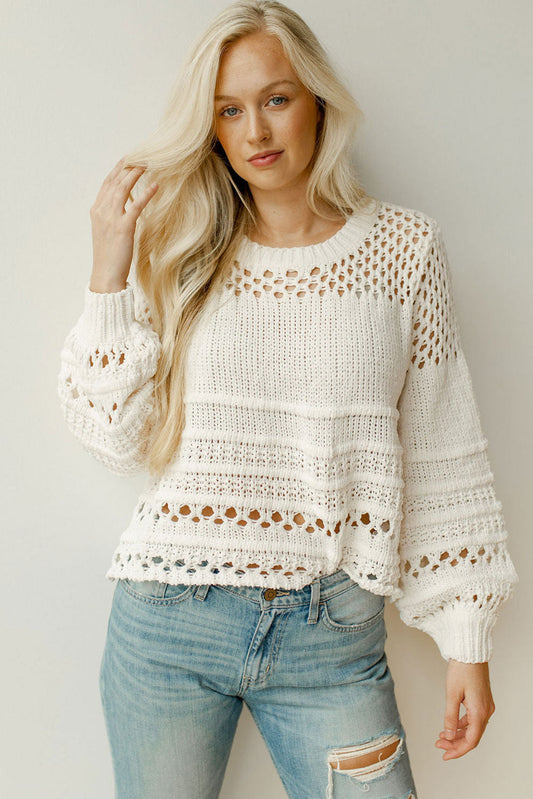 White Solid Color Pointelle Knit Puff Sleeve Sweater OniTakai