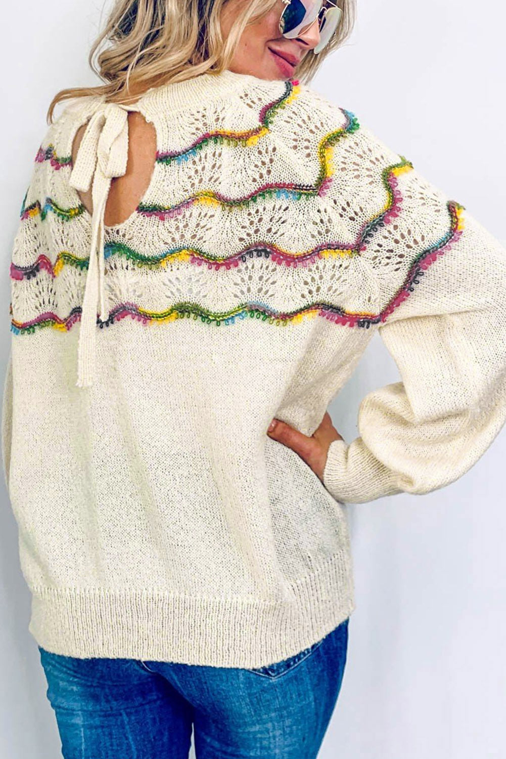 White Wavy Striped Pointelle Bishop Sleeve Sweater OniTakai