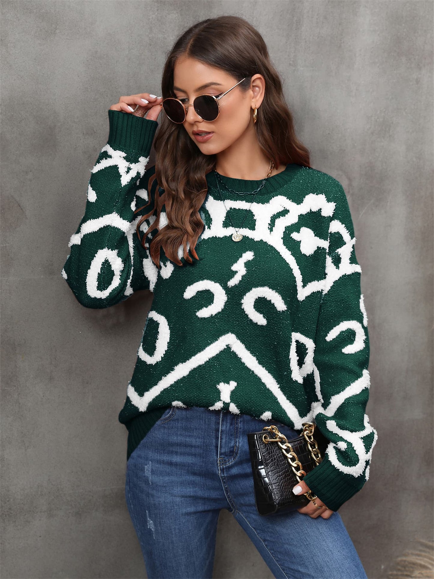 Women's Abstract Printed Round Neck Dropped Shoulder Sweater OniTakai