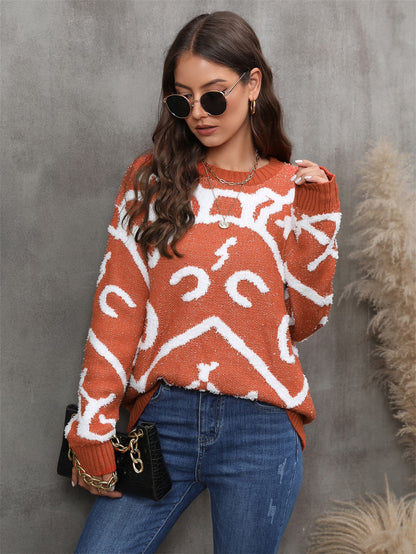 Women's Abstract Printed Round Neck Dropped Shoulder Sweater OniTakai