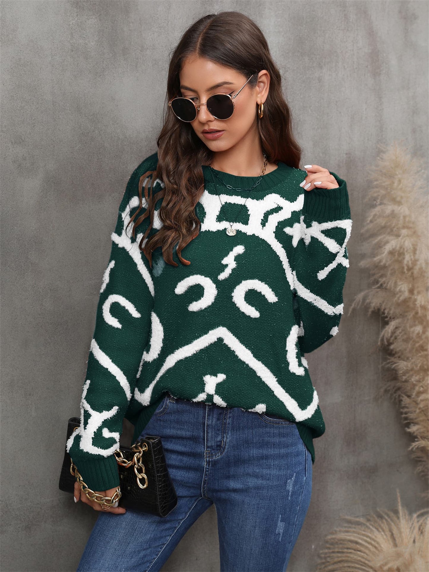 Women's Abstract Printed Round Neck Dropped Shoulder Sweater OniTakai