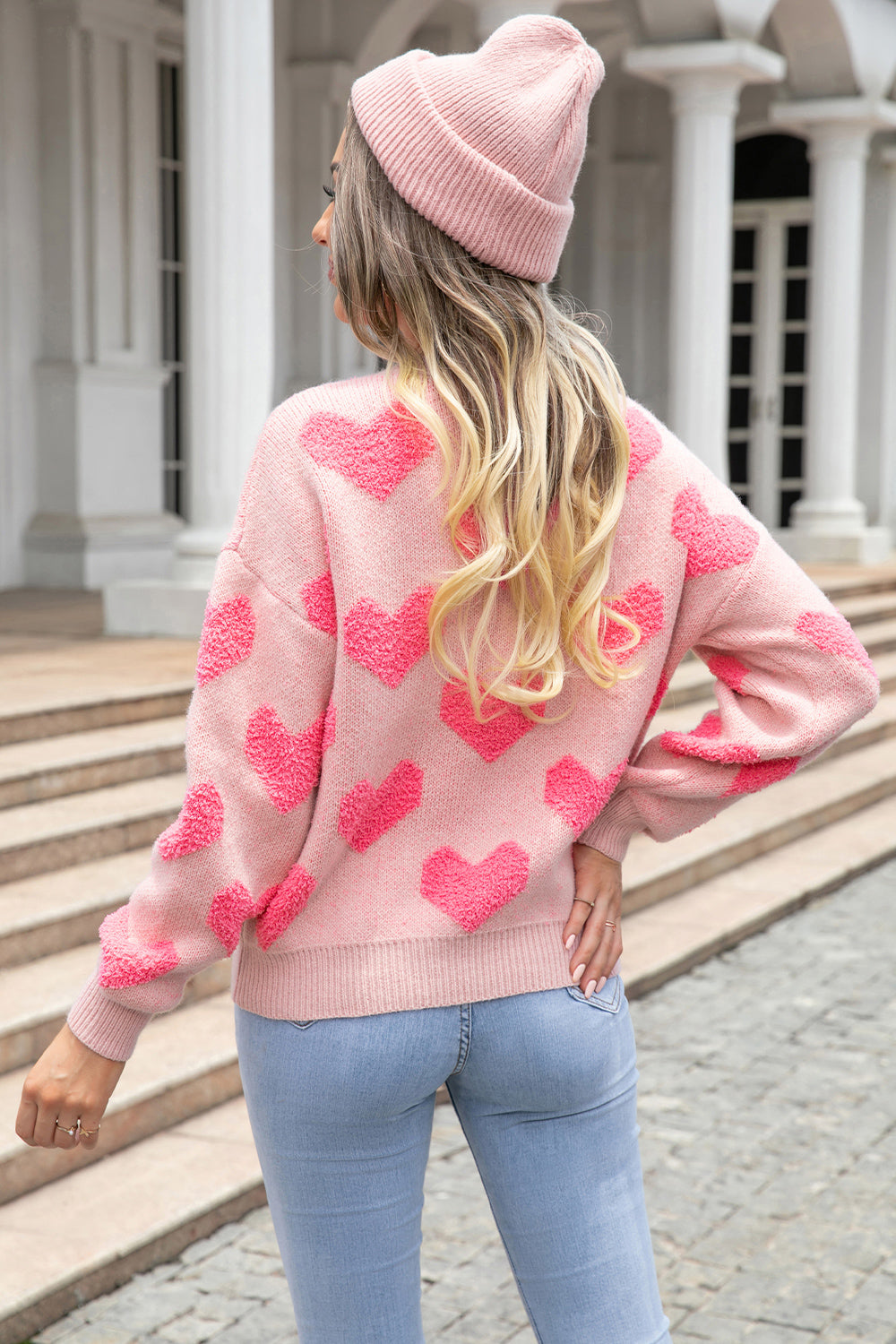 Women's Blush Pink Hearts Pattern Round Neck Dropped Shoulder Sweater OniTakai