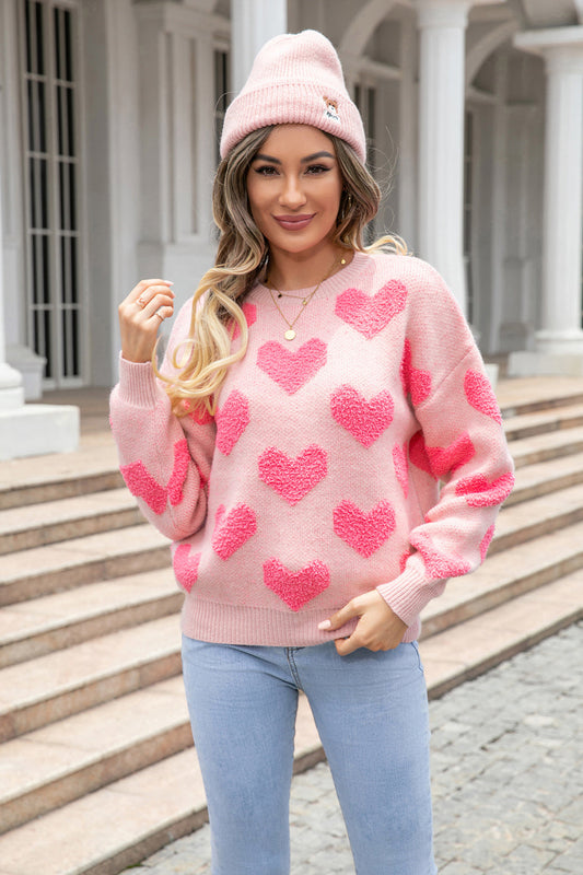 Women's Blush Pink Hearts Pattern Round Neck Dropped Shoulder Sweater OniTakai