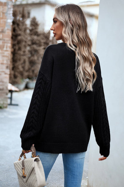 Women's Casual Chic Cable-Knit Round Neck Drop Shoulder Sweater OniTakai