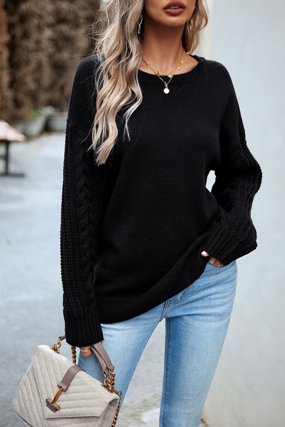 Women's Casual Chic Cable-Knit Round Neck Drop Shoulder Sweater OniTakai