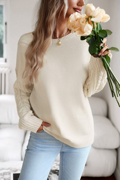 Women's Casual Chic Cable-Knit Round Neck Drop Shoulder Sweater OniTakai