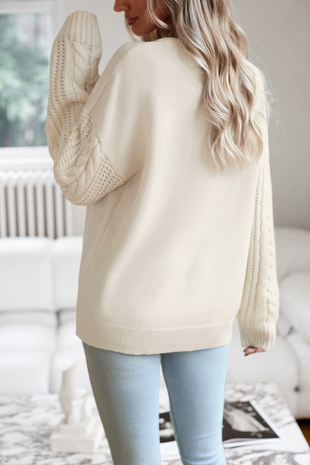 Women's Casual Chic Cable-Knit Round Neck Drop Shoulder Sweater OniTakai