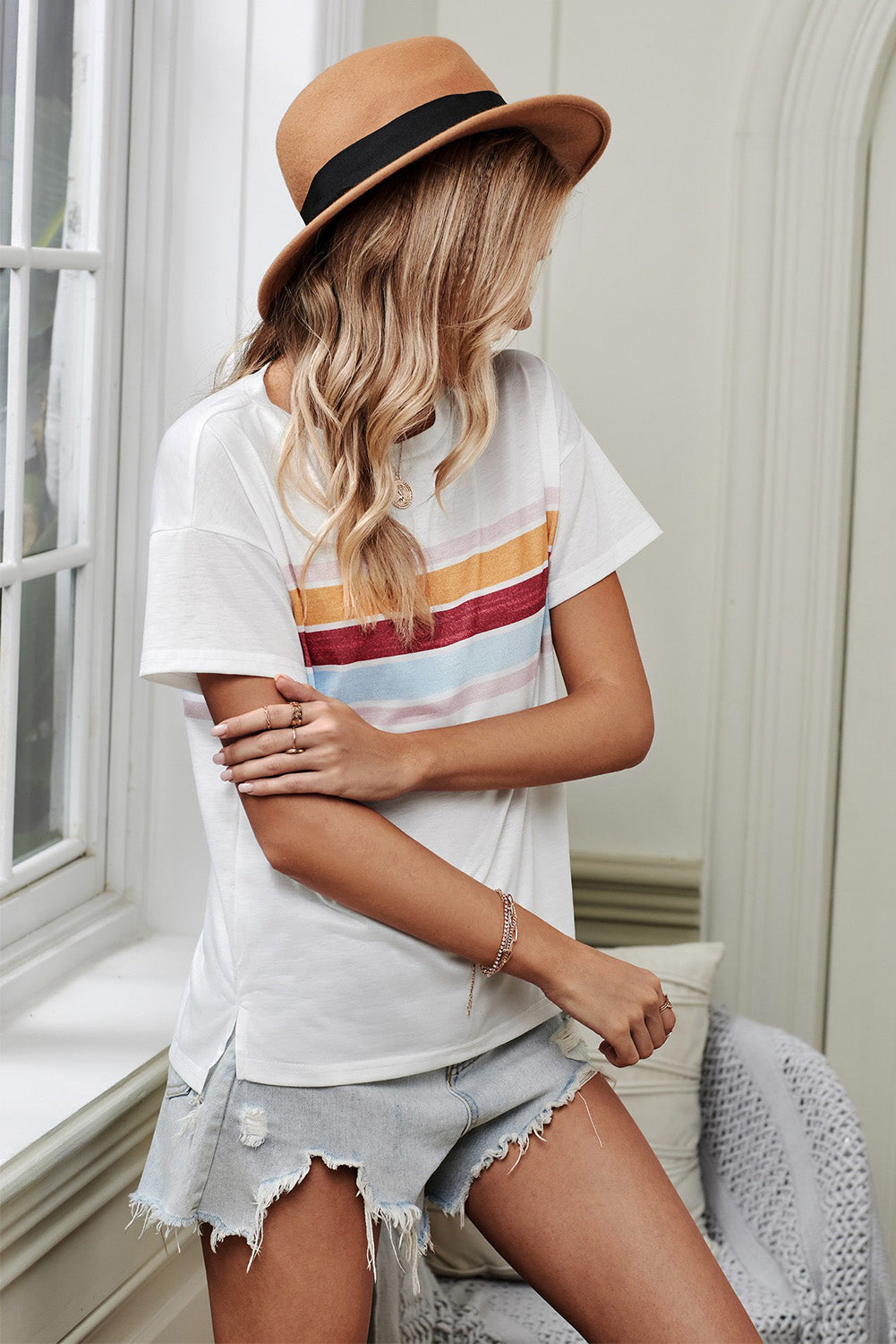 Women's Casual Chic Striped Dropped Shoulder Round Neck Tee OniTakai