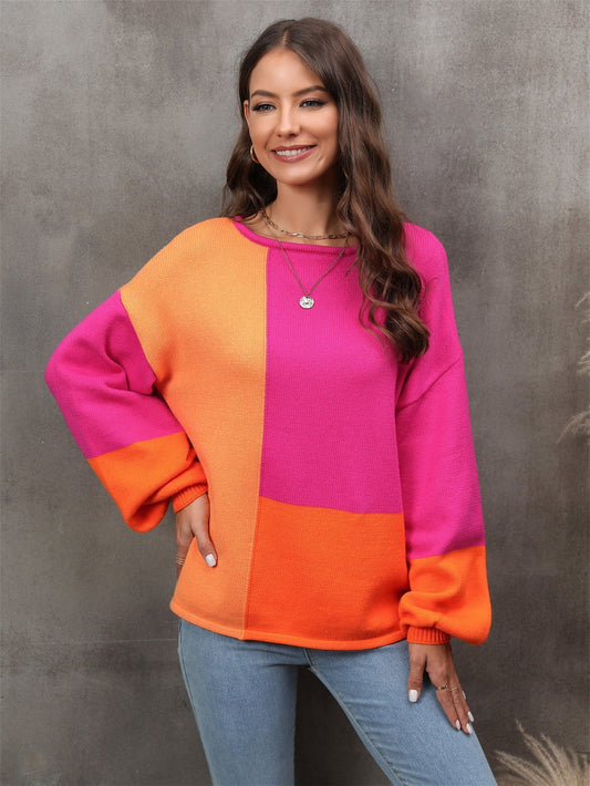 Women's Casual Color Block Round Neck Dropped Shoulder Sweater OniTakai
