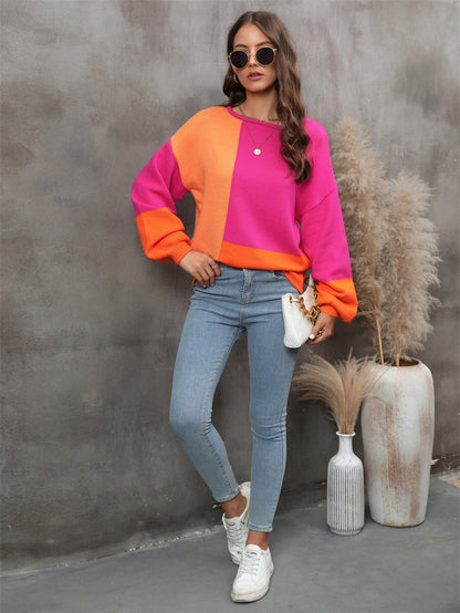 Women's Casual Color Block Round Neck Dropped Shoulder Sweater OniTakai