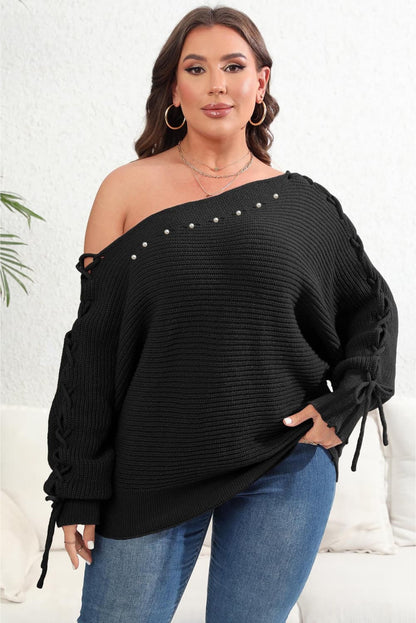 Women's Casual Plus Size One Shoulder Beaded Sweater OniTakai