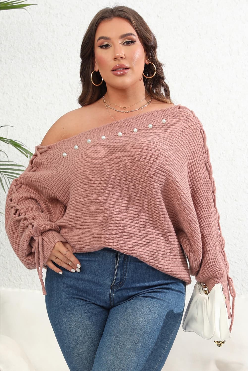 Women's Casual Plus Size One Shoulder Beaded Sweater OniTakai