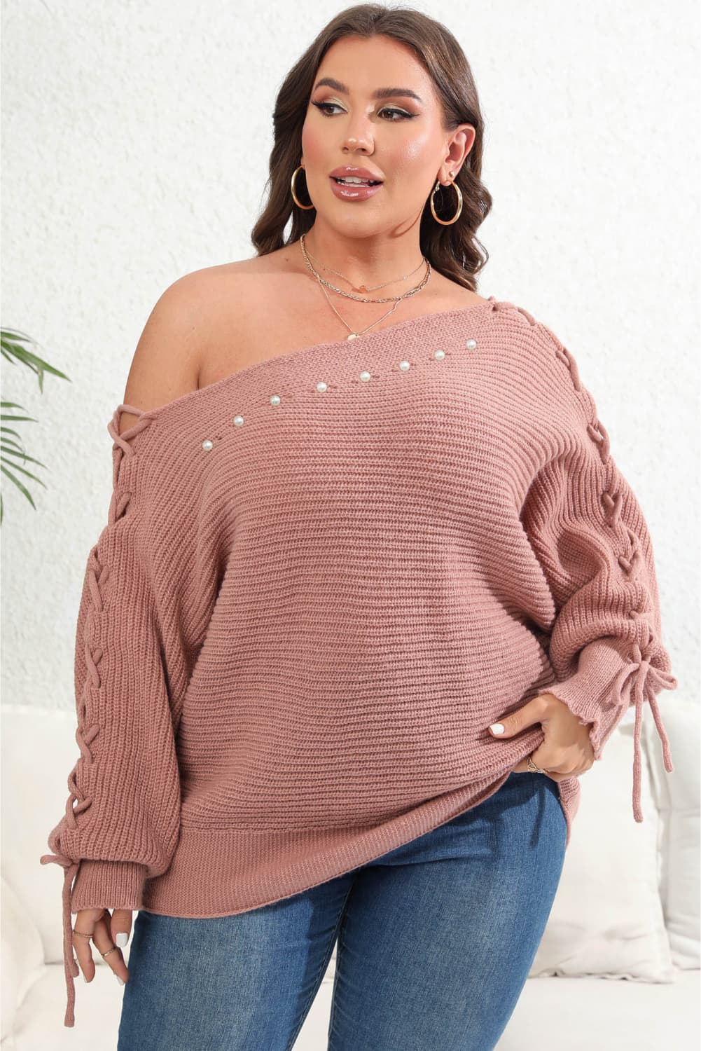 Women's Casual Plus Size One Shoulder Beaded Sweater OniTakai