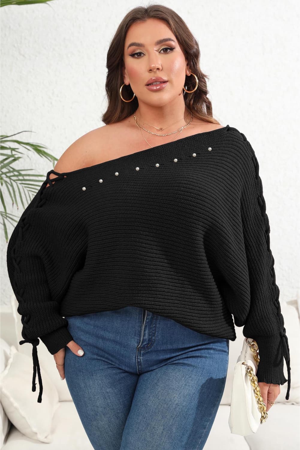 Women's Casual Plus Size One Shoulder Beaded Sweater OniTakai