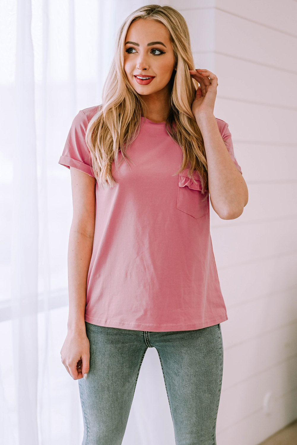 Women's Casual Round Neck Cuffed Sleeve Breast Pocket T-Shirt OniTakai