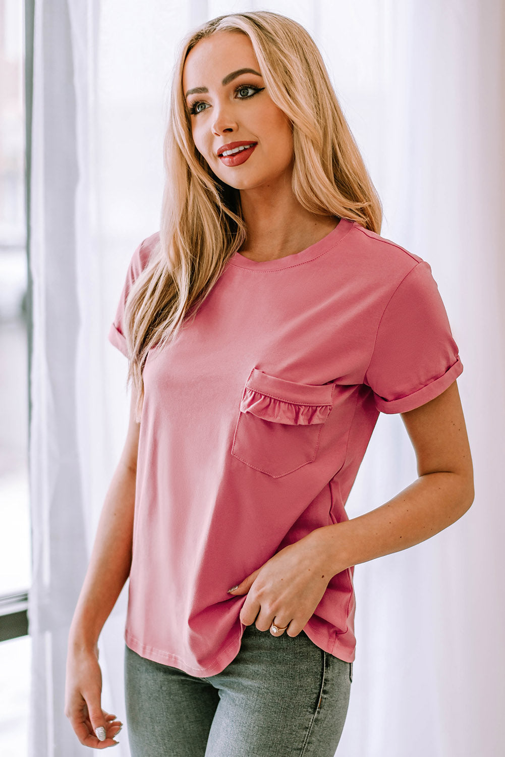 Women's Casual Round Neck Cuffed Sleeve Breast Pocket T-Shirt OniTakai