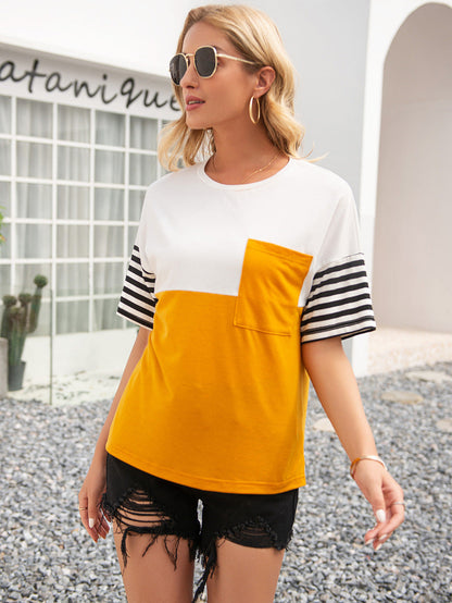 Women's Casual Striped Color Block Round Neck T-Shirt OniTakai