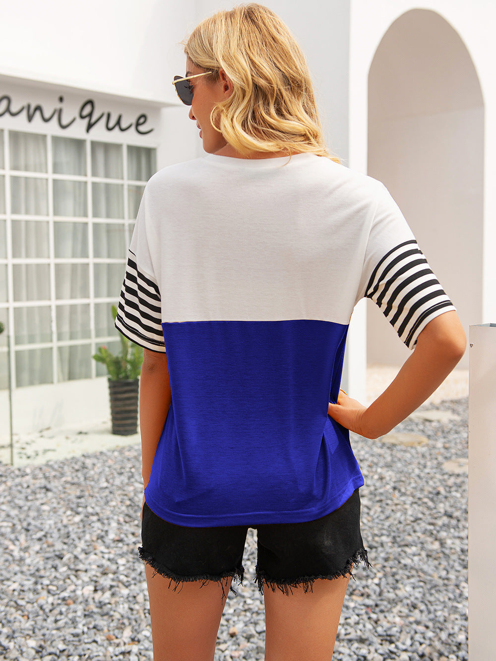 Women's Casual Striped Color Block Round Neck T-Shirt OniTakai