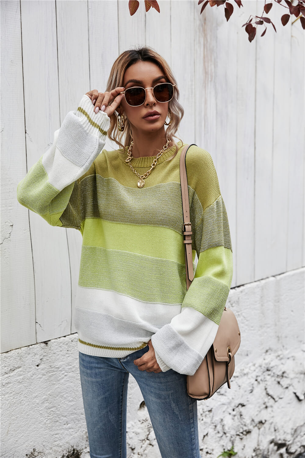 Women's Casual Striped Ribbed Trim Sweater OniTakai