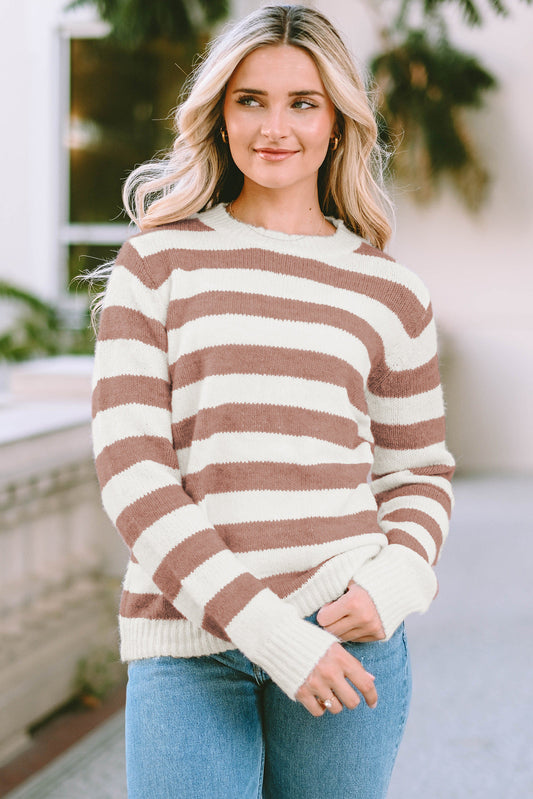 Women's Casual Striped Round Neck Long Sleeve Sweater OniTakai