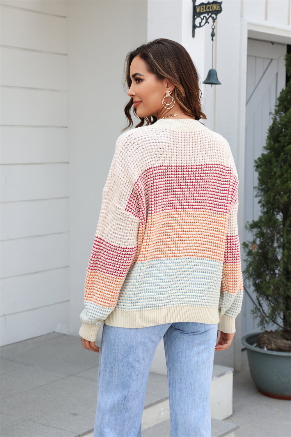 Women's Casual Waffle-Knit Round Neck Dropped Shoulder Color Block Sweater OniTakai