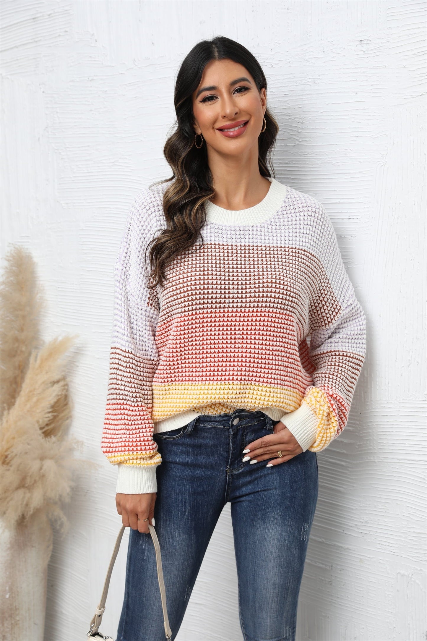 Women's Casual Waffle-Knit Round Neck Dropped Shoulder Color Block Sweater OniTakai