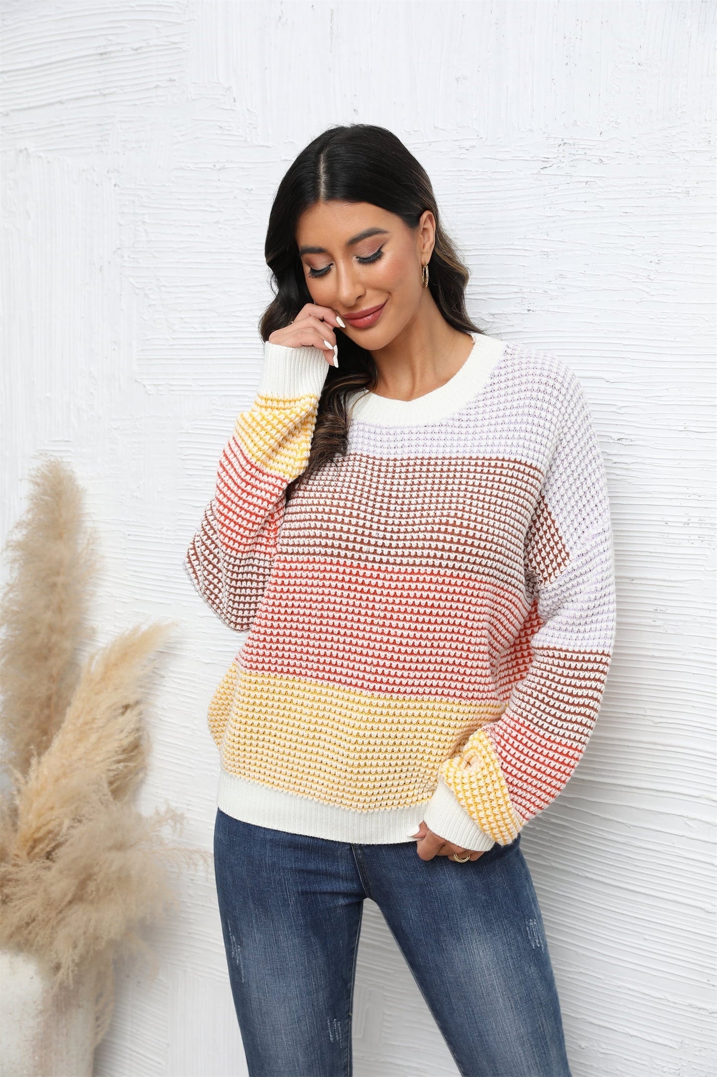 Women's Casual Waffle-Knit Round Neck Dropped Shoulder Color Block Sweater OniTakai