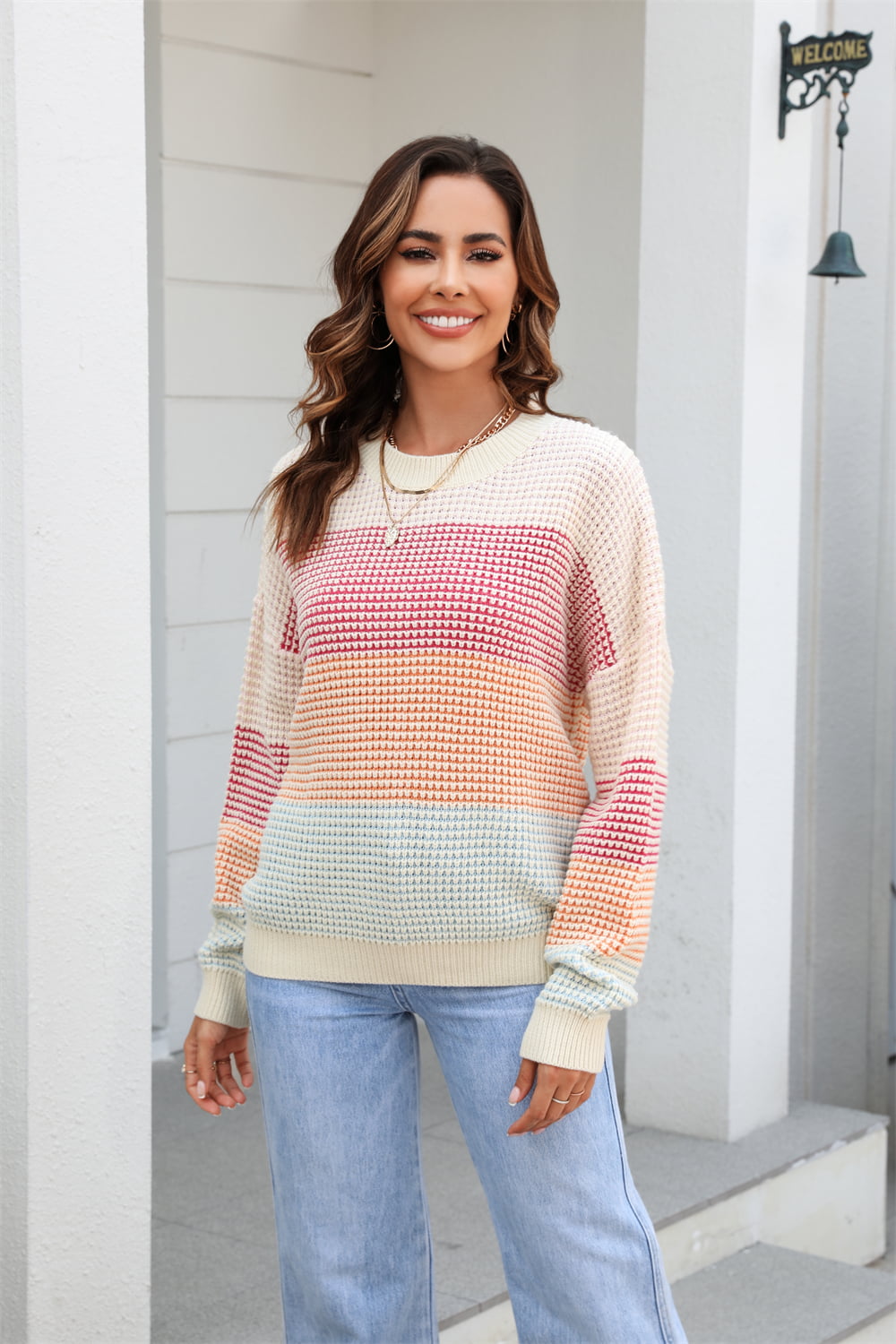 Women's Casual Waffle-Knit Round Neck Dropped Shoulder Color Block Sweater OniTakai