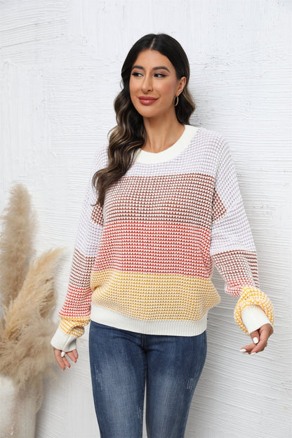 Women's Casual Waffle-Knit Round Neck Dropped Shoulder Color Block Sweater OniTakai