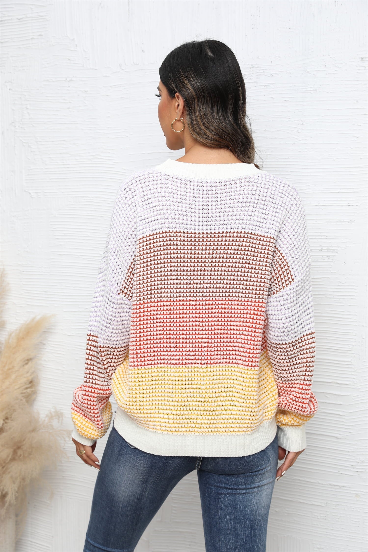 Women's Casual Waffle-Knit Round Neck Dropped Shoulder Color Block Sweater OniTakai