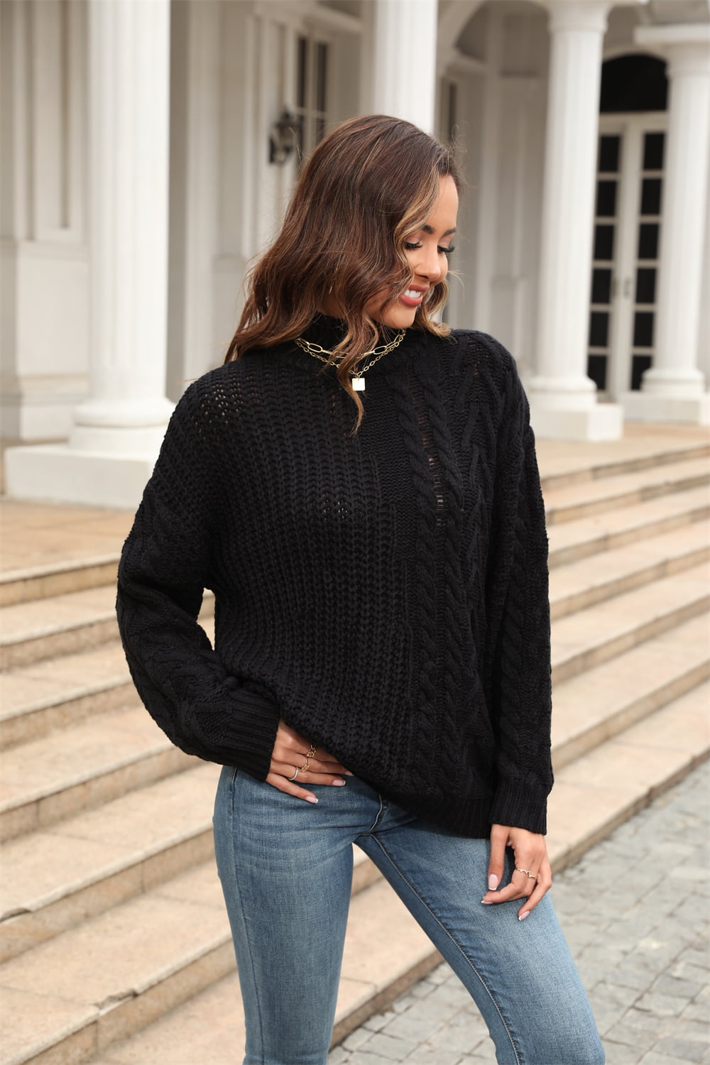 Women's Chic Cable-Knit Turtle Neck Long Sleeve Sweater – OniTakai