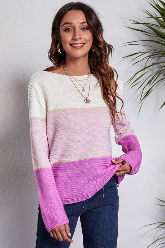 Women's Color Block Horizontal Ribbing Sweater OniTakai