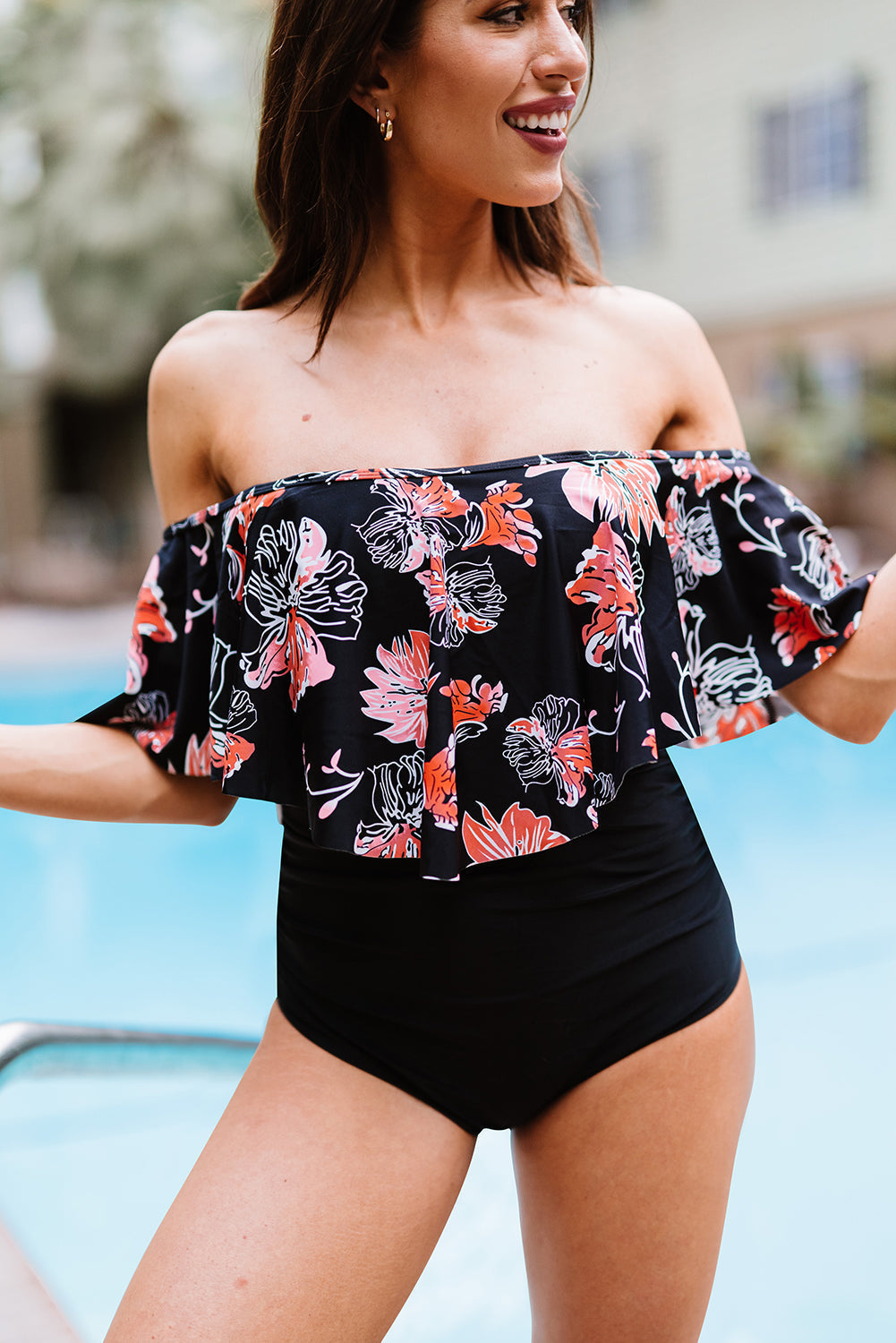 Women's Floral Two-Tone Off-Shoulder One-Piece Swimsuit OniTakai