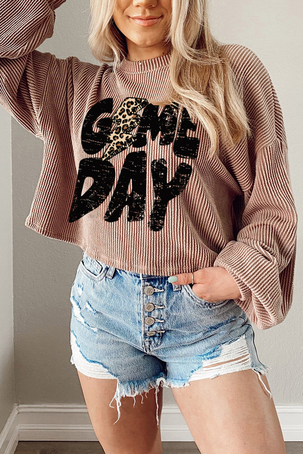 Women's Game Day Graphic Print Crop Corded Knit Khaki Top OniTakai