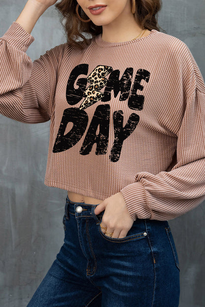 Women's Game Day Graphic Print Crop Corded Knit Khaki Top OniTakai