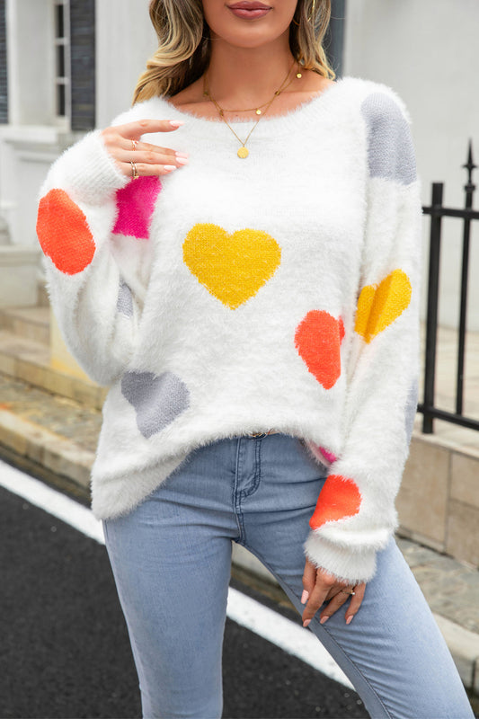 Women's Heart Pattern Round Neck Long Sleeve Sweater OniTakai