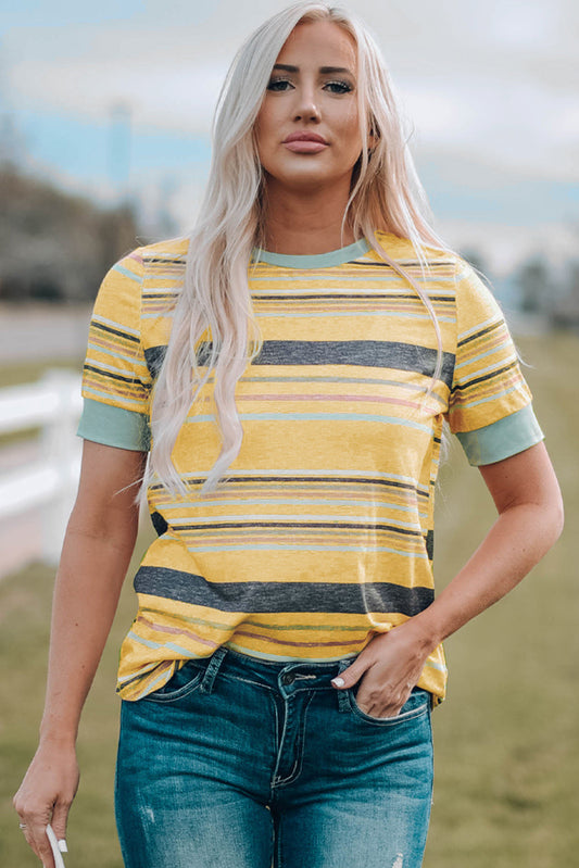 Women's Multicolored Striped Round Neck Tee Shirt OniTakai