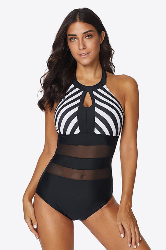 Women's Striped Cutout Spliced Mesh Halter-Neck One-Piece Swimsuit OniTakai