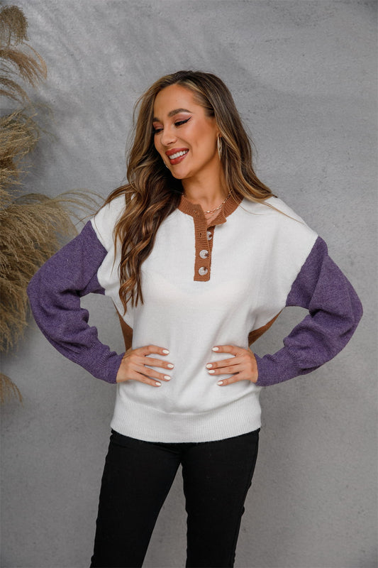 Women's Two-Tone Sleeve Buttoned Crewneck Knitted Sweater OniTakai