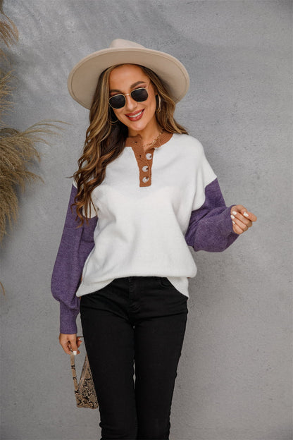 Women's Two-Tone Sleeve Buttoned Crewneck Knitted Sweater OniTakai