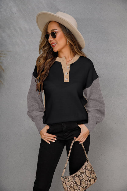 Women's Two-Tone Sleeve Buttoned Crewneck Knitted Sweater OniTakai