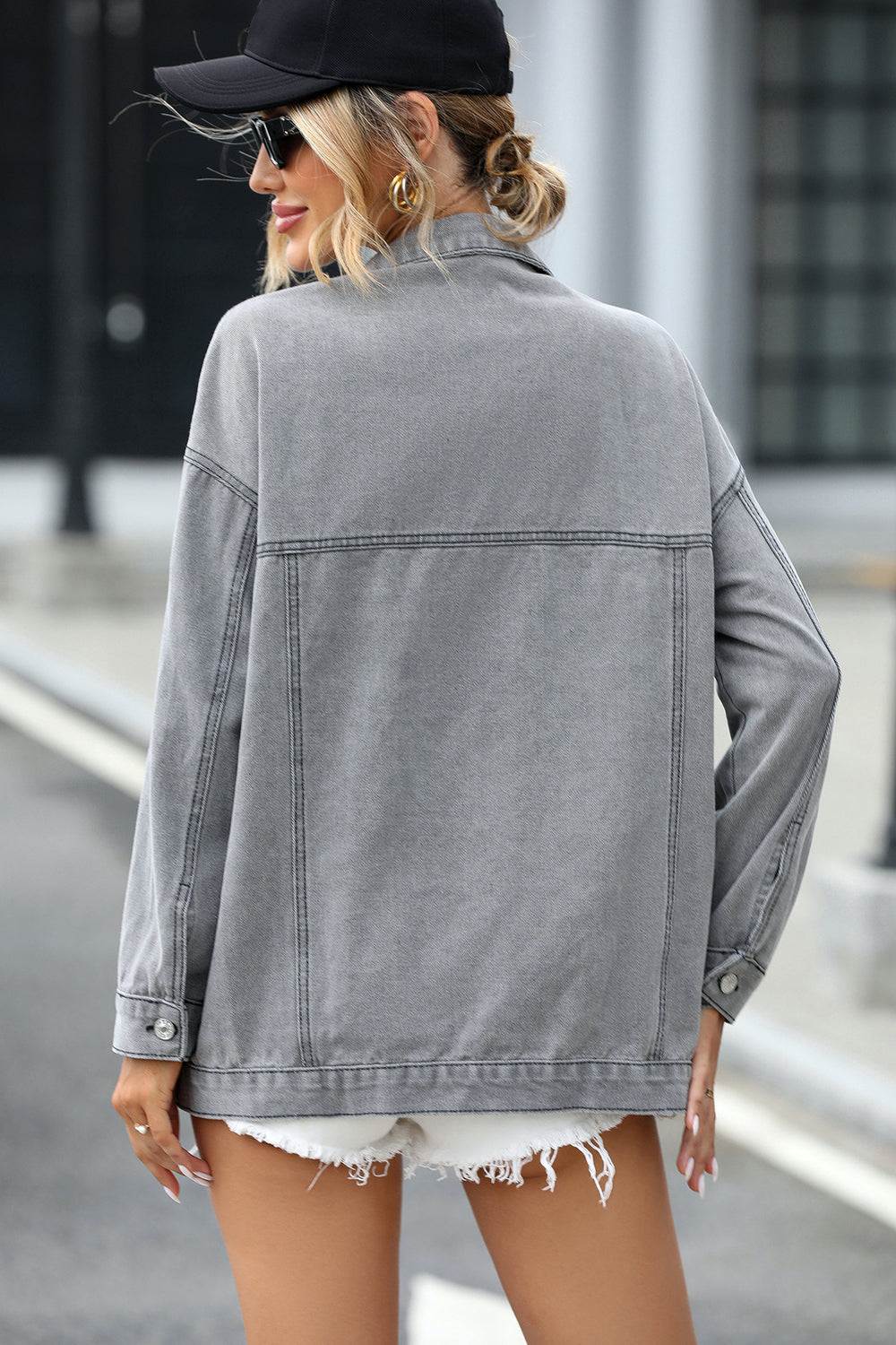 Women's Versatile Grey Long Sleeve Denim Jacket OniTakai