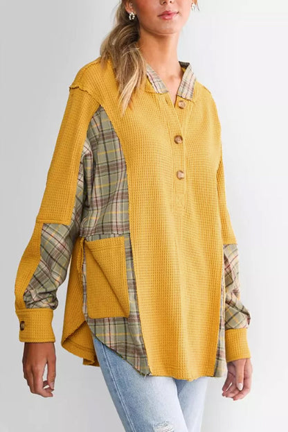 Yellow Waffle Knit Plaid Patchwork Pocketed Henley Hoodie OniTakai