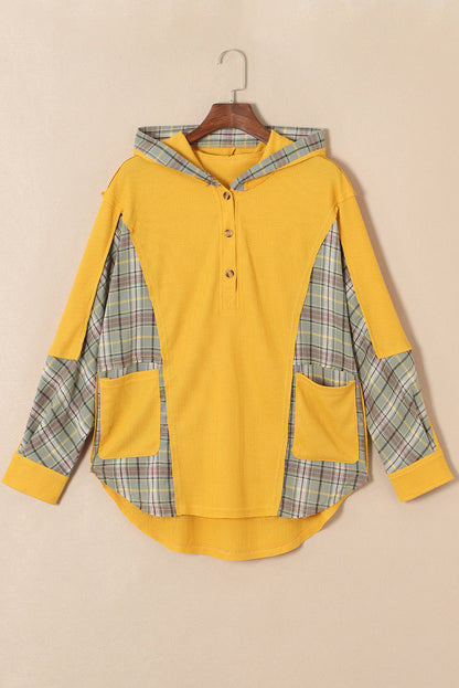 Yellow Waffle Knit Plaid Patchwork Pocketed Henley Hoodie OniTakai