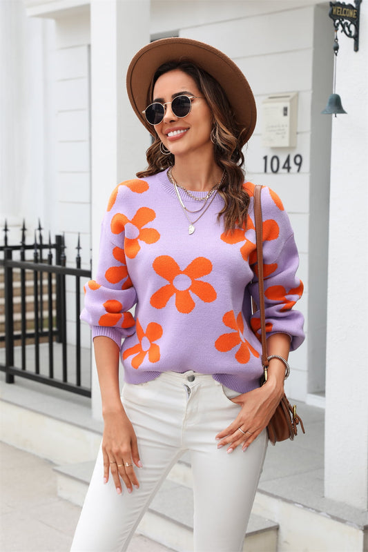 Yolanda Flores Floral Print Round Neck Dropped Shoulder Pullover Sweater OniTakai