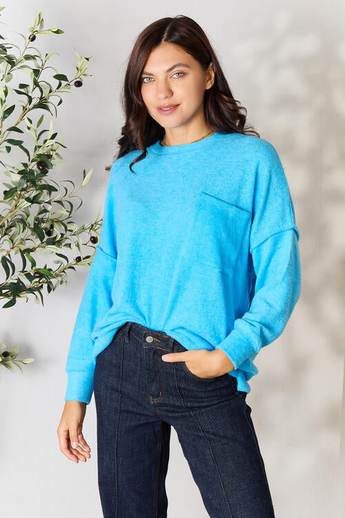 Zenana Round Neck Long Sleeve Sweater with Pocket OniTakai