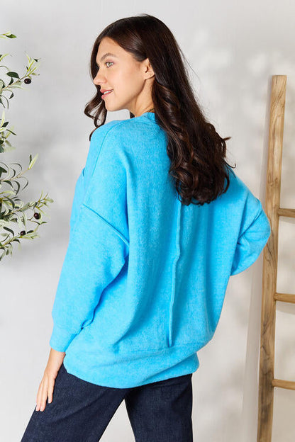 Zenana Round Neck Long Sleeve Sweater with Pocket OniTakai
