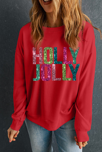 Red Heat Transfer HOLLY JOLLY Printing Christmas Pullover Sweatshirt